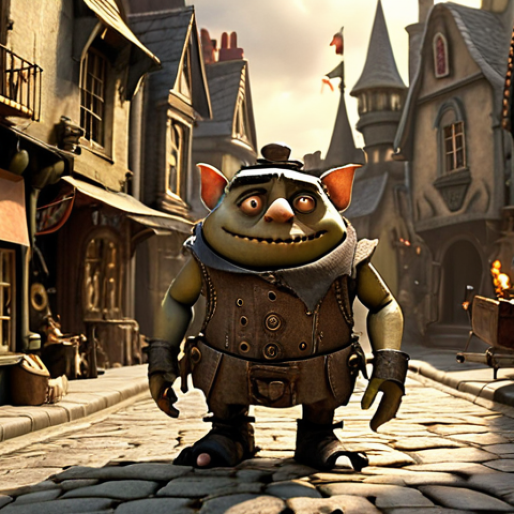 A richly detailed stop-motion animation still from 'The Boxtrolls' universe, featuring the distinctive Boxtroll characters in their steampunk-Victorian town of Cheesebridge. Emphasize the tangible, handmade quality of the puppets and environment: cobblestone streets, intricate brickwork, and warm gaslight illumination. Capture the unique physical textures, subtle imperfections, and expressive movements that give the characters a lifelike, tactile presence, distinct from CGI.