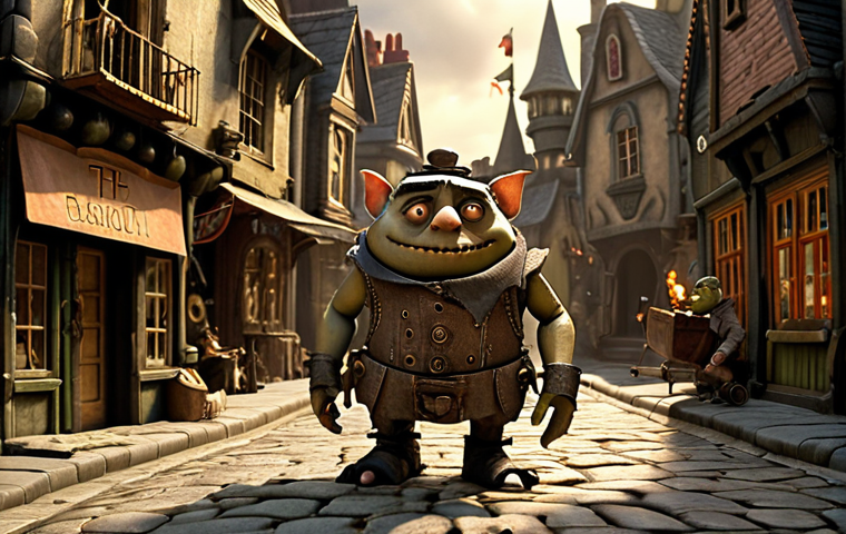 A richly detailed stop-motion animation still from 'The Boxtrolls' universe, featuring the distinctive Boxtroll characters in their steampunk-Victorian town of Cheesebridge. Emphasize the tangible, handmade quality of the puppets and environment: cobblestone streets, intricate brickwork, and warm gaslight illumination. Capture the unique physical textures, subtle imperfections, and expressive movements that give the characters a lifelike, tactile presence, distinct from CGI.