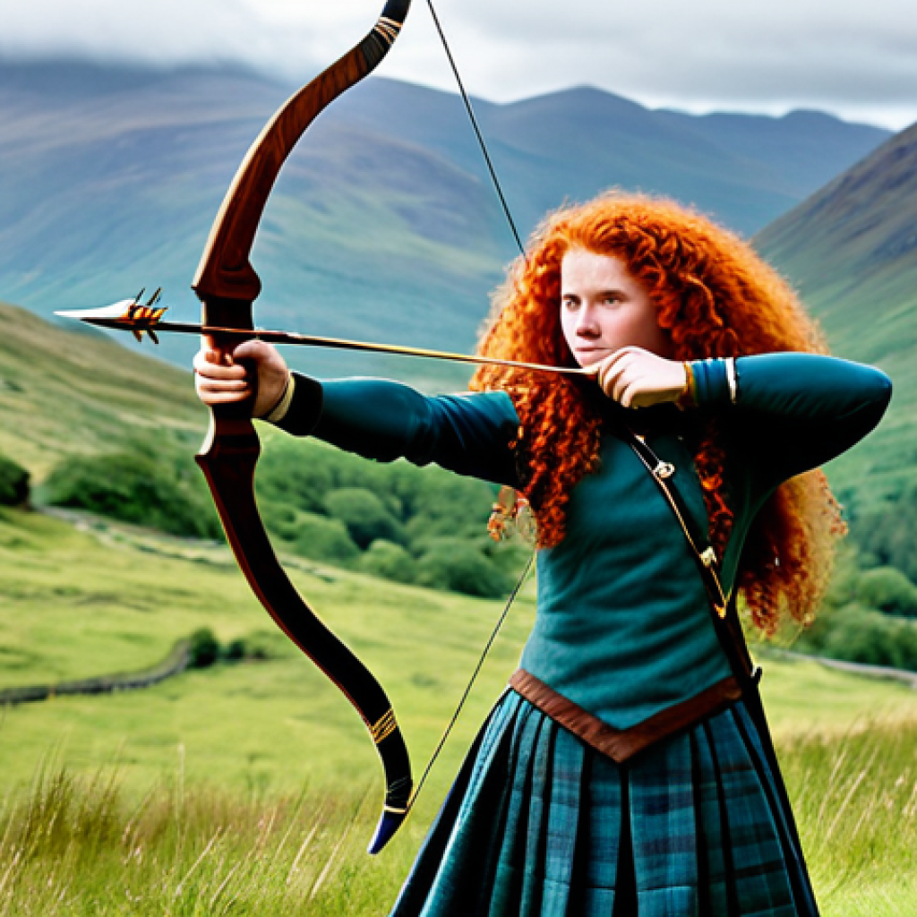 Merida in the Scottish Highlands** "A brave and independent Merida, fully clothed in traditional Scottish attire, wielding a bow and arrow in the vast, scenic Scottish Highlands. Majestic mountains and a lush green valley in the background. Safe for work, appropriate content, family-friendly, professional photography, perfect anatomy, natural pose, well-formed hands, proper finger count, natural body proportions." **