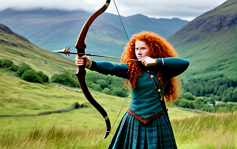 Merida in the Scottish Highlands** "A brave and independent Merida, fully clothed in traditional Scottish attire, wielding a bow and arrow in the vast, scenic Scottish Highlands. Majestic mountains and a lush green valley in the background. Safe for work, appropriate content, family-friendly, professional photography, perfect anatomy, natural pose, well-formed hands, proper finger count, natural body proportions." **