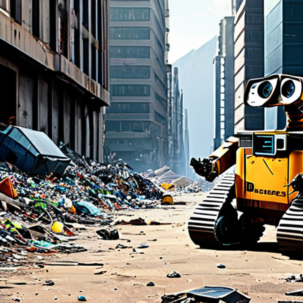 The Abandoned Earth** "Desolate cityscape on a garbage-covered Earth, rusted skyscrapers, mountains of trash, a lone WALL-E robot working diligently, fully clothed, appropriate content, safe for work, perfect anatomy (on WALL-E), natural proportions, muted colors, post-apocalyptic setting, environmental awareness, family-friendly, professional illustration." **