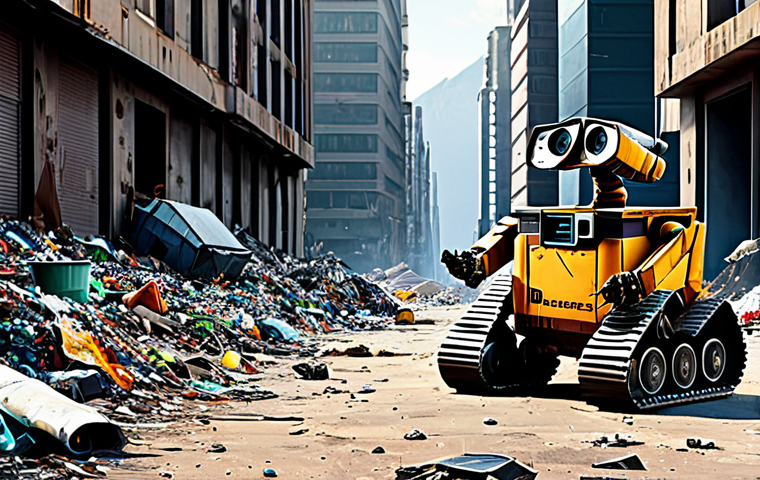 The Abandoned Earth** "Desolate cityscape on a garbage-covered Earth, rusted skyscrapers, mountains of trash, a lone WALL-E robot working diligently, fully clothed, appropriate content, safe for work, perfect anatomy (on WALL-E), natural proportions, muted colors, post-apocalyptic setting, environmental awareness, family-friendly, professional illustration." **