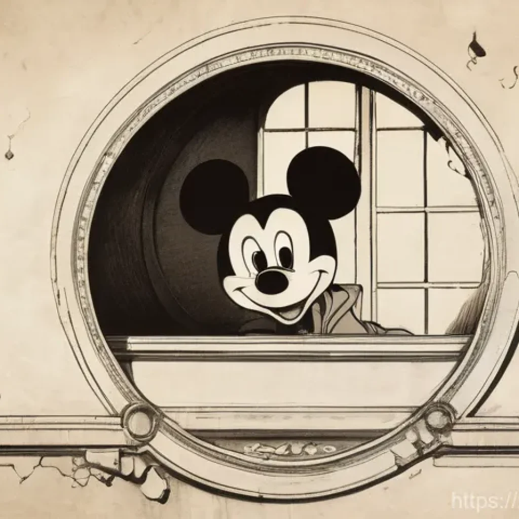 디즈니 미키마우스 Mickey Mouse 미키마우스와 디즈니 애니메이션의 시작 - **Prompt 1: The Genesis of a Star on a Train** "A dimly lit, vintage train compartment in the la...