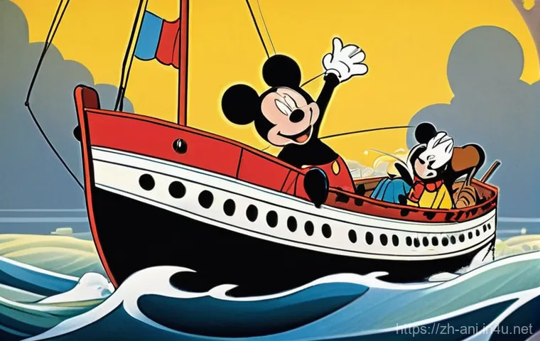 디즈니 미키마우스 Mickey Mouse 미키마우스와 디즈니 애니메이션의 시작 - **Prompt 1: The Genesis of a Star on a Train** "A dimly lit, vintage train compartment in the la...