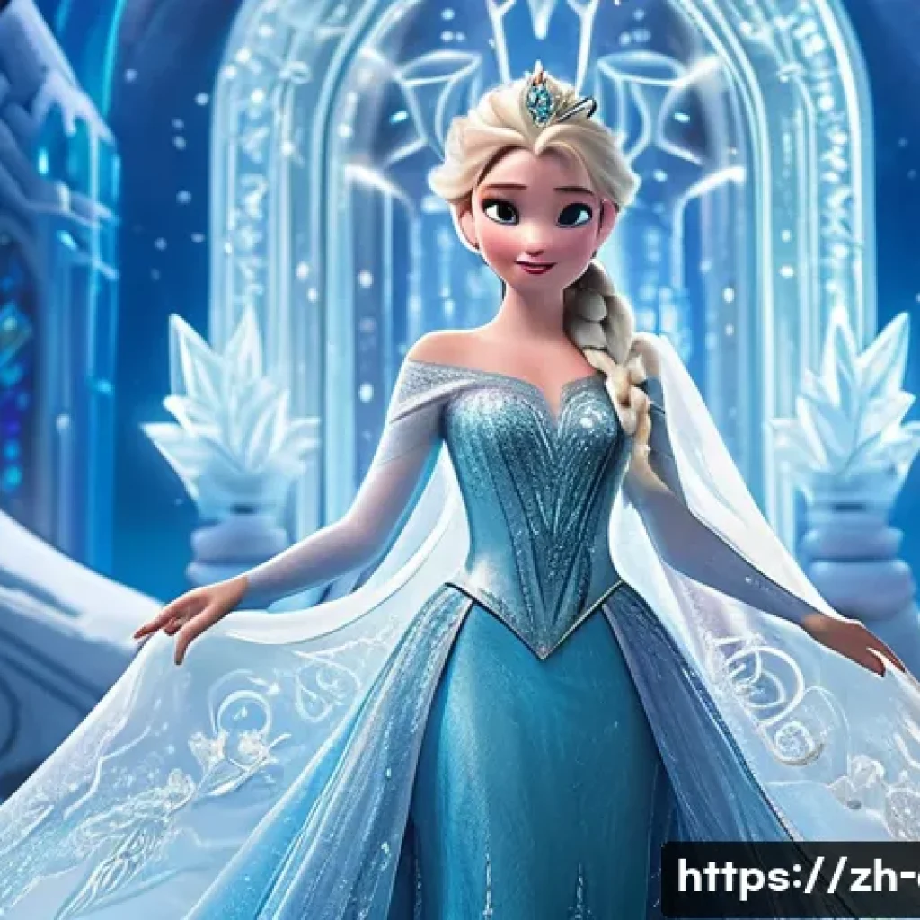 겨울왕국 Frozen 겨울왕국 속 자매의 성장 서사 분석 - **Prompt:** A full-body shot of Queen Elsa, standing elegantly and confidently at the entrance of he...