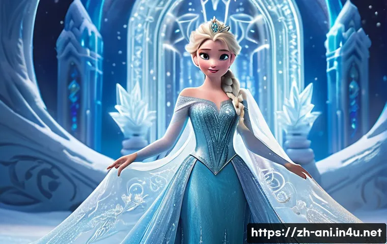 겨울왕국 Frozen 겨울왕국 속 자매의 성장 서사 분석 - **Prompt:** A full-body shot of Queen Elsa, standing elegantly and confidently at the entrance of he...