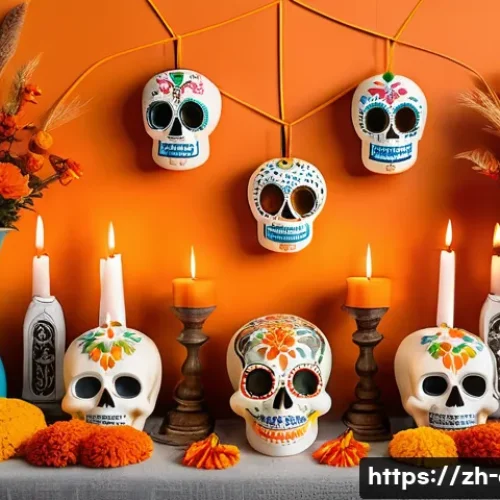코코 Coco 코코에서 멕시코 명절 망자의 날 의 재현 - A vibrant traditional D&iacute;a de Muertos altar richly decorated with bright orange marigold flowers guid...