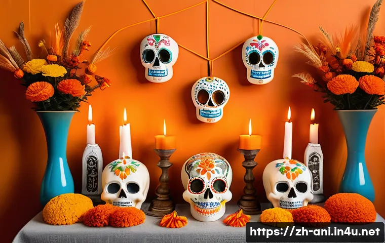 코코 Coco 코코에서 멕시코 명절 망자의 날 의 재현 - A vibrant traditional D&iacute;a de Muertos altar richly decorated with bright orange marigold flowers guid...