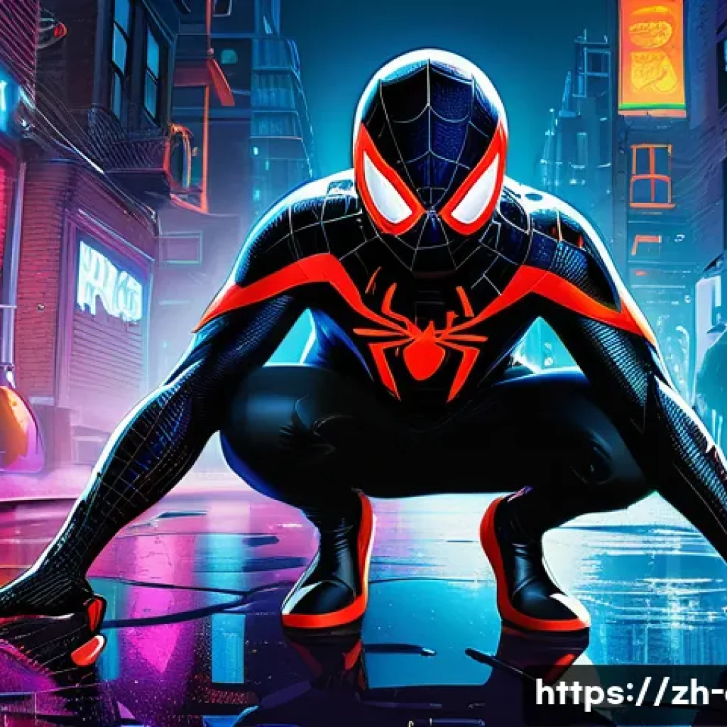 스파이더맨 뉴 유니버스 Spider Man Into the Spider Verse 뉴 유니버스와 다양한 스파이더맨 세계관 - A dynamic scene featuring Miles Morales as Spider-Man in a vibrant urban night setting filled with n...