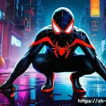 스파이더맨 뉴 유니버스 Spider Man Into the Spider Verse 뉴 유니버스와 다양한 스파이더맨 세계관 - A dynamic scene featuring Miles Morales as Spider-Man in a vibrant urban night setting filled with n...