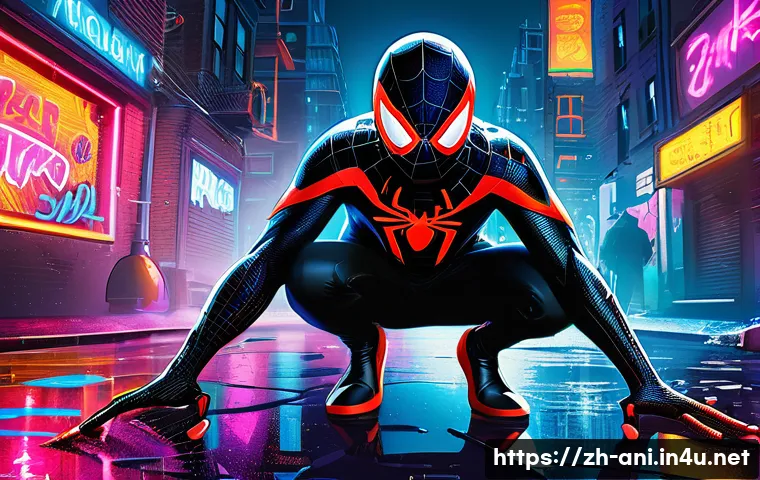 스파이더맨 뉴 유니버스 Spider Man Into the Spider Verse 뉴 유니버스와 다양한 스파이더맨 세계관 - A dynamic scene featuring Miles Morales as Spider-Man in a vibrant urban night setting filled with n...