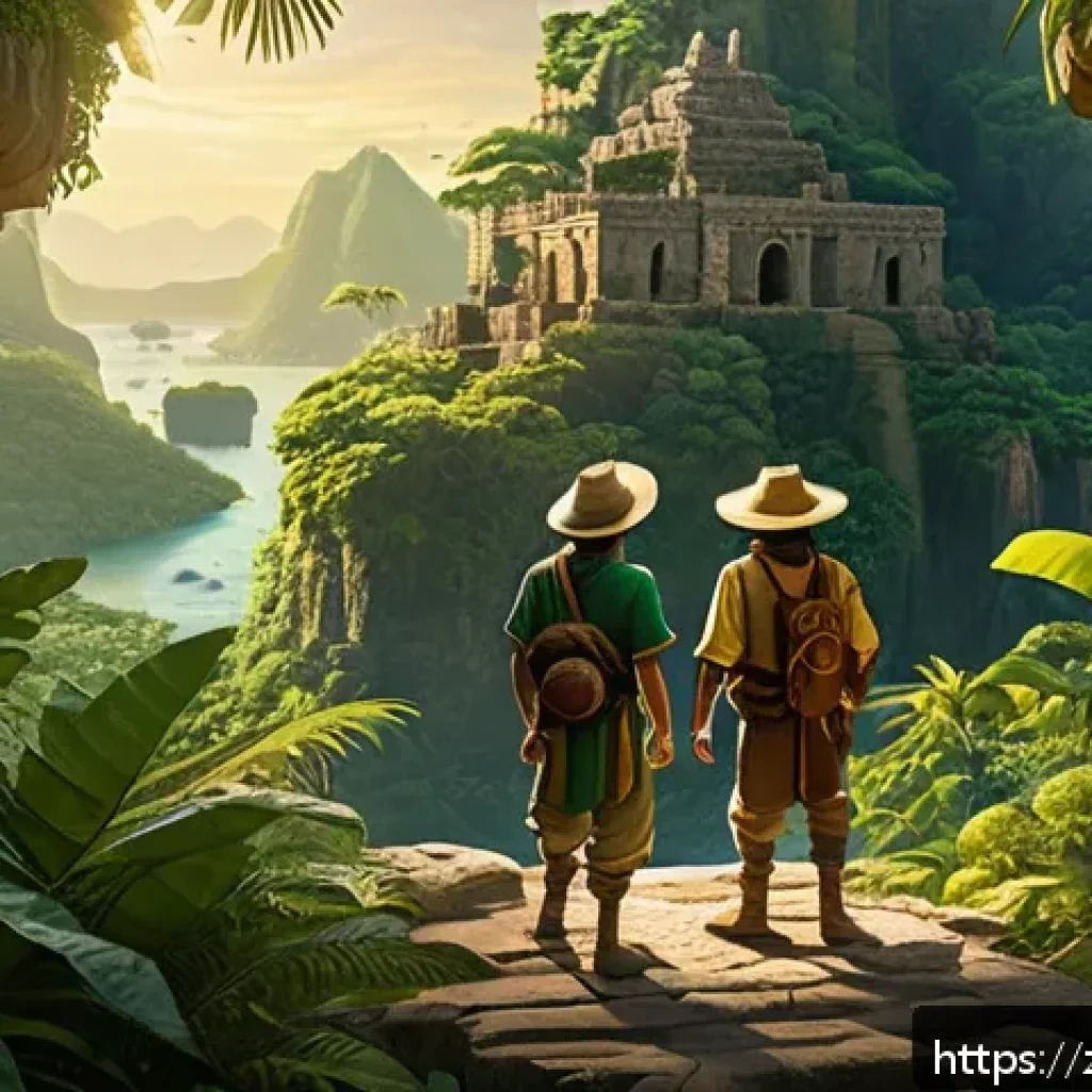 엘도라도 The Road to El Dorado 엘도라도의 모험과 황금 신화 - A vibrant animated scene depicting two adventurous explorers, Miguel and Tulio, standing on the edge...