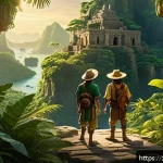 엘도라도 The Road to El Dorado 엘도라도의 모험과 황금 신화 - A vibrant animated scene depicting two adventurous explorers, Miguel and Tulio, standing on the edge...