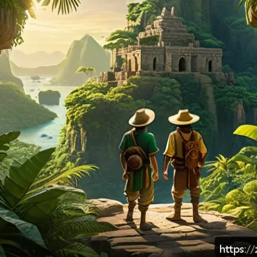 엘도라도 The Road to El Dorado 엘도라도의 모험과 황금 신화 - A vibrant animated scene depicting two adventurous explorers, Miguel and Tulio, standing on the edge...