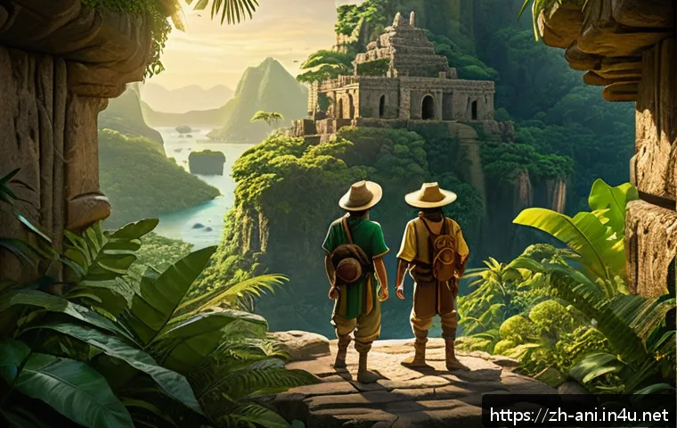 엘도라도 The Road to El Dorado 엘도라도의 모험과 황금 신화 - A vibrant animated scene depicting two adventurous explorers, Miguel and Tulio, standing on the edge...