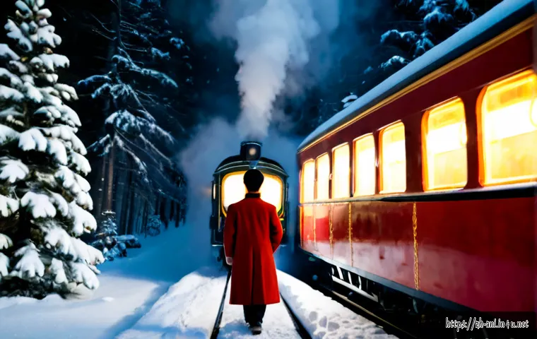 폴라 익스프레스  The Polar Express    폴라 익스프레스와 크리스마스의 마법 - Photorealistic vintage steam train traveling through a snowy pine forest at night, glowing golden ca...
