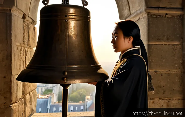 노틀담의 꼽추  The Hunchback of Notre Dame    노틀담의 꼽추와 빅토르 위고의 원작 - Photorealistic cinematic scene of a compassionate medieval bell ringer with a visibly curved back st...
